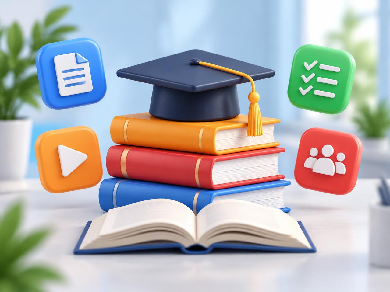Ilustrasi tumpukan buku, topi wisuda, dan ikon modul, soal, video, serta studi kasus